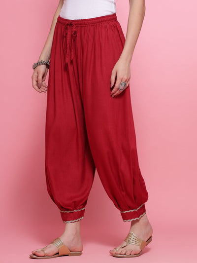 Maroon Embellished Hem Design Loose Fit Afghani Salwar with elasticated waistband.