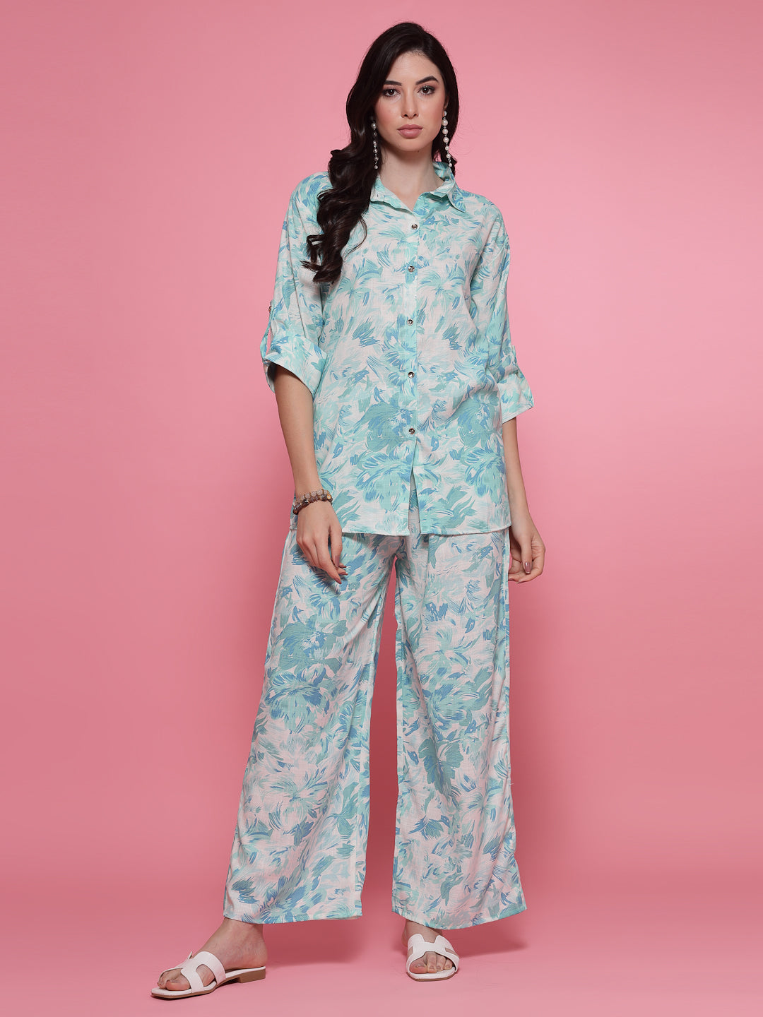 Sea Green Printed Shirt Collar Shirt with Trousers Co-Ord Set