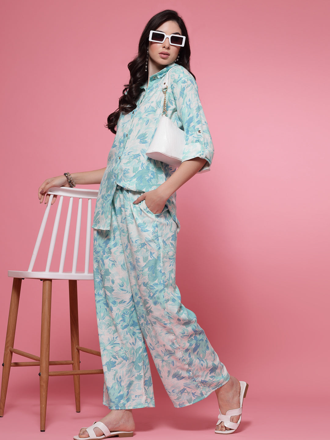 Sea green floral printed shirt and palazzo co-ord set with quarter sleeves.