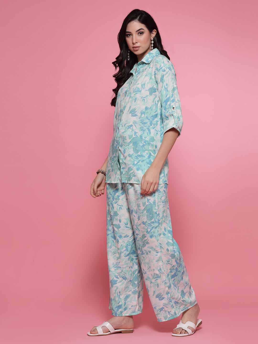 Sea Green Printed Shirt with Palazzo Co-Ord Set featuring floral design and quarter sleeves.