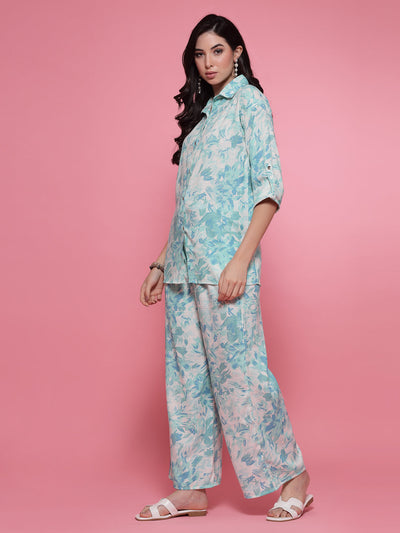 Sea Green Printed Shirt with Palazzo Co-Ord Set featuring floral design and quarter sleeves.