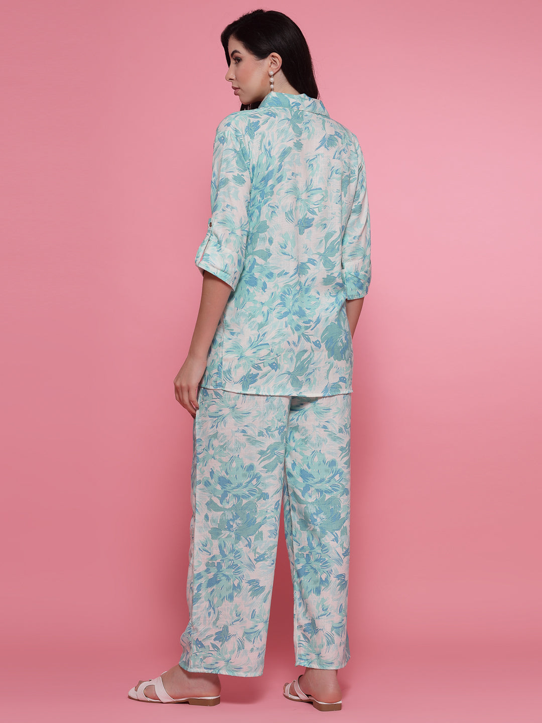 Sea Green Printed Shirt Collar Shirt with Trousers Co-Ord Set