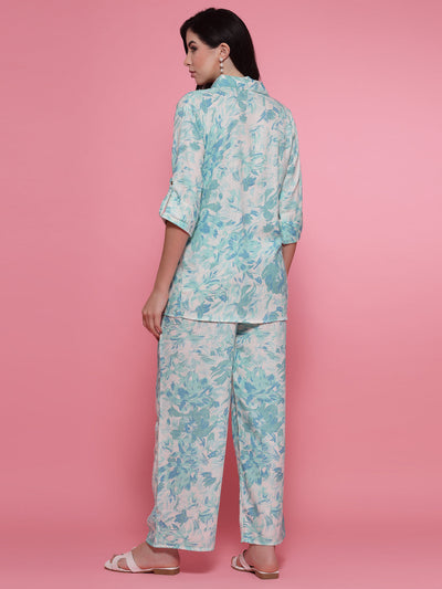 Sea Green Printed Shirt and Palazzo Co-Ord Set with Floral Design