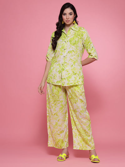 Parrot Green Printed Shirt Collar Shirt with Trousers Co-Ord Set