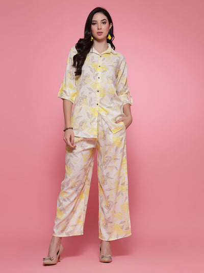 Lemon printed shirt with matching trousers co-ord set featuring floral print and three-quarter sleeves.