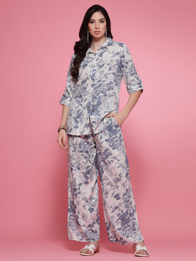 Grey floral printed shirt with matching palazzo trousers, featuring three-quarter sleeves and elasticated waistband.