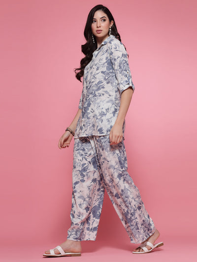 Grey printed shirt with floral design and trousers co-ord set.