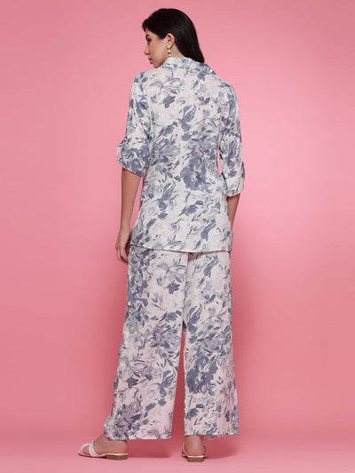 Grey printed shirt with palazzo trousers co-ord set featuring floral design and three-quarter sleeves.