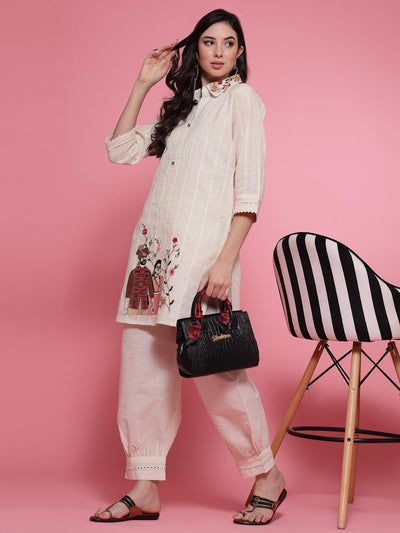 Off-White Embroidered Shirt with Afghani Salwar Co-Ord Set featuring three-quarter sleeves and hem design embroidery.