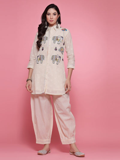 Off-white embroidered shirt with Afghani salwar co-ord set featuring three-quarter sleeves and intricate design.
