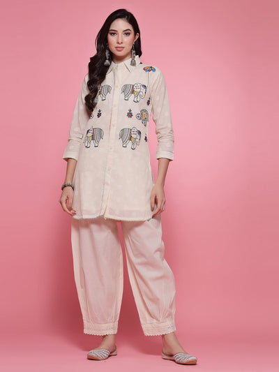 Off-White Elephant Embroidered Kurta with Afghani Salwar Co-ord