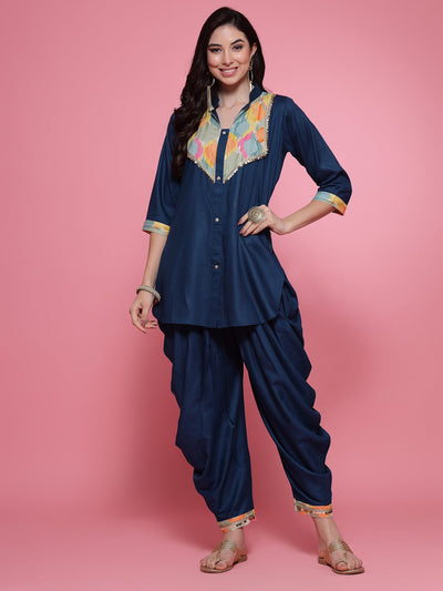 Embellished Kurti with Dhoti Pant Co-ords Set featuring metallic lace border and hem design.