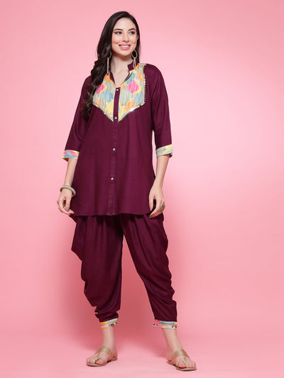 Embellished Kurti with Dhoti Pant Co-ords Set featuring patchwork and metallic lace border.