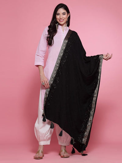 Self design jacquard embellished dupatta with tasselled border.