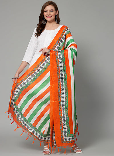 Women wearing tri-colour printed Chanderi silk dupatta with tasselled border.