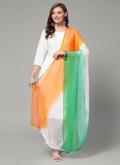 Women tri colour dyed chiffon dupatta with pom pom border.