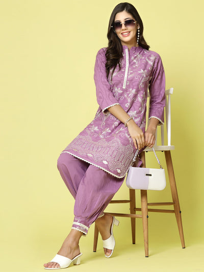 Women Embroidered Kurta with Afghani Pants Co-ords Set featuring three-quarter sleeves and Mandarin collar.