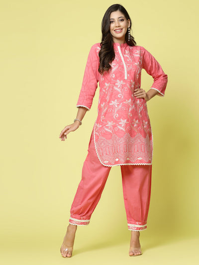 Women Embroidered Kurta with Afghani Pants Co-ords Set in pink with three-quarter sleeves and Mandarin collar.