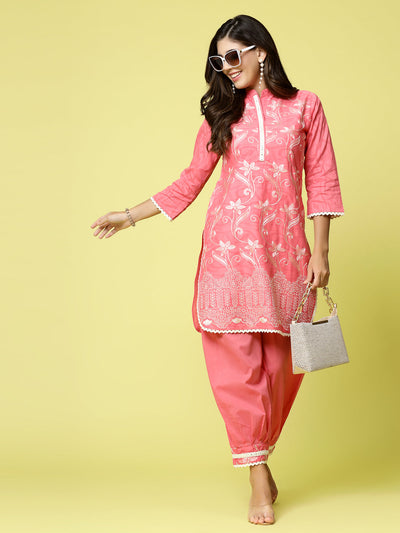 Women embroidered kurta with Afghani pants co-ords set, featuring three-quarter sleeves and mandarin collar.