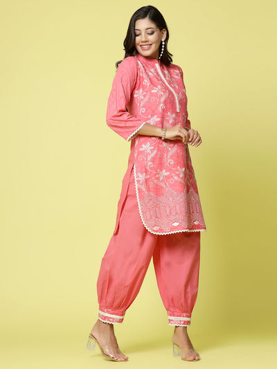 Women embroidered kurta with Afghani pants, Mandarin collar, three-quarter sleeves, elastic waistband.