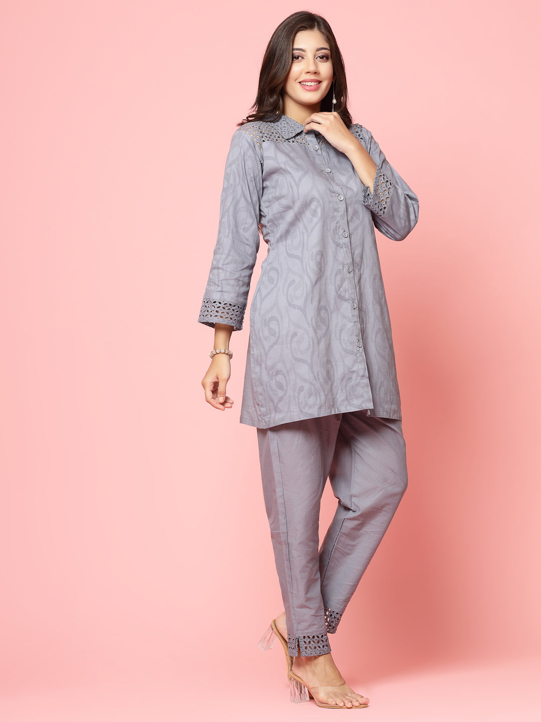 Women Self Design Shirt with Trouser Co-ords Set