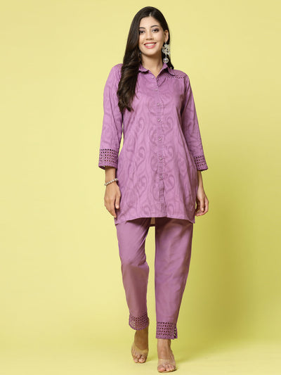 Women self design shirt with trouser co-ords set featuring cut work detailing and three-quarter sleeves.