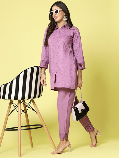 Women self-design shirt with trouser co-ords set featuring cut work detailing, three-quarter sleeves, and solid pattern trousers.