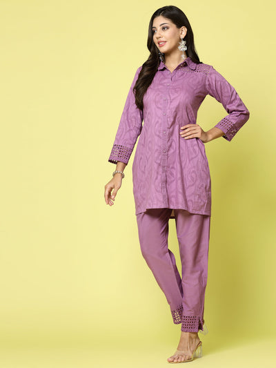Women self-design shirt with trousers co-ords set featuring cut work detailing and elasticated waistband.