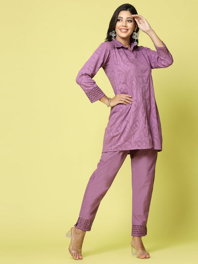Women self-design shirt with trouser co-ords set featuring cut work detailing, three-quarter sleeves, and elasticated waistband.