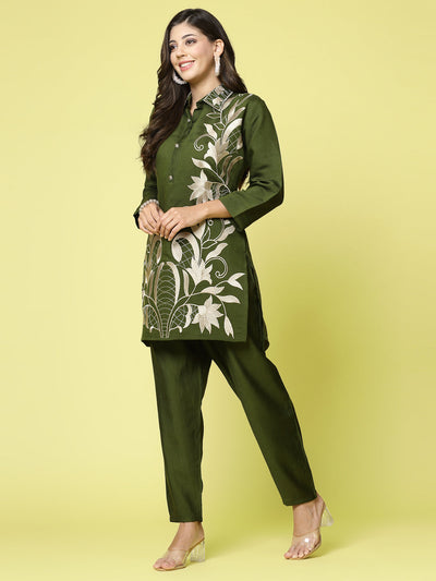 Women embroidered tunic with trouser co-ords set, featuring three-quarter sleeves and floral designs.