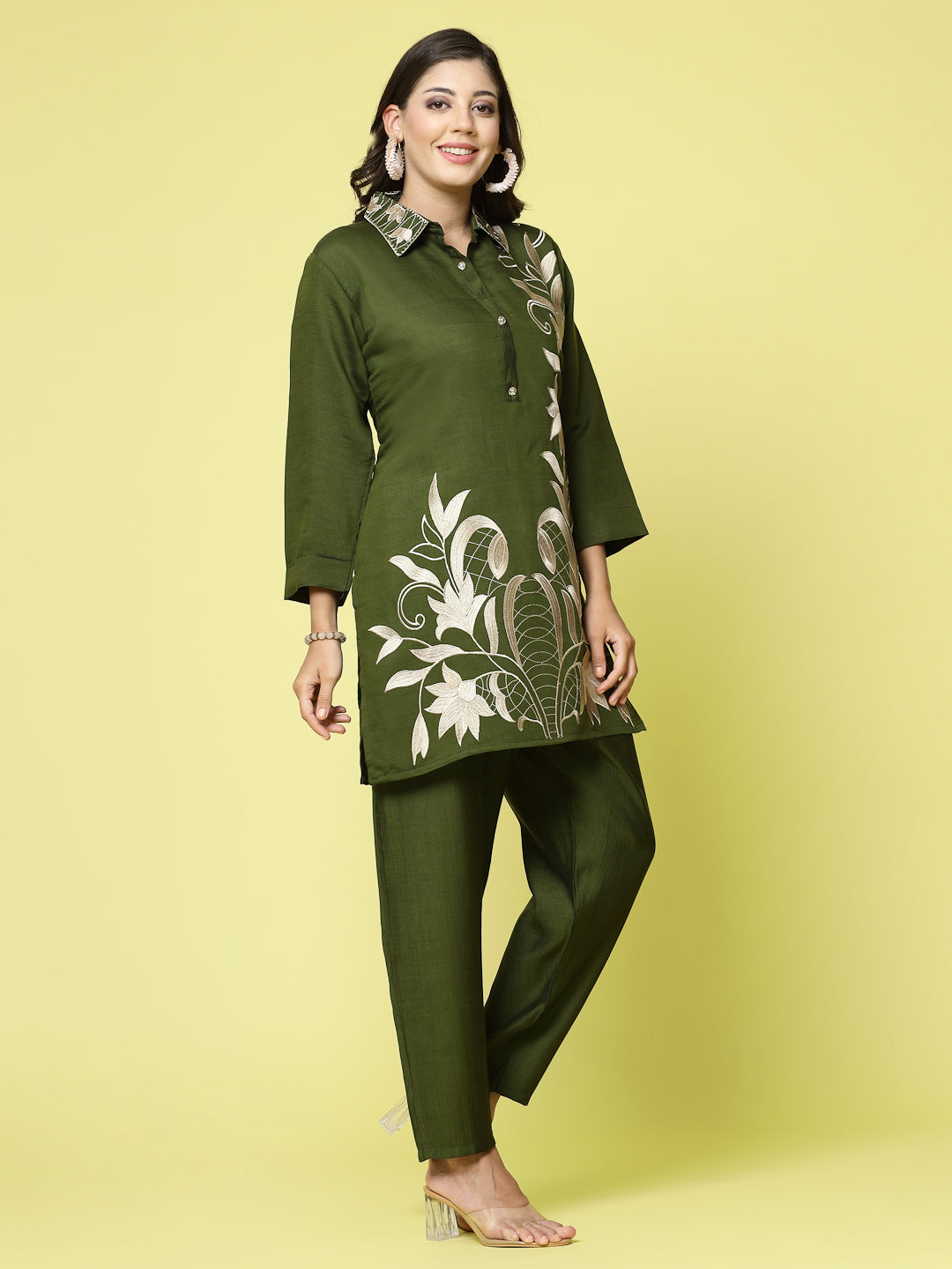 Women embroidered tunic with trousers co-ords set, featuring floral detailing and three-quarter sleeves.