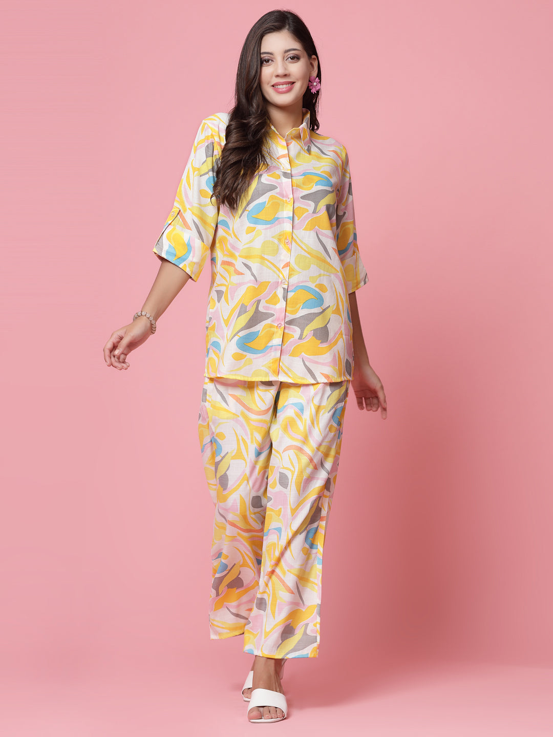 Women Abstract Printed Shirt with Palazzo Co-ords Set