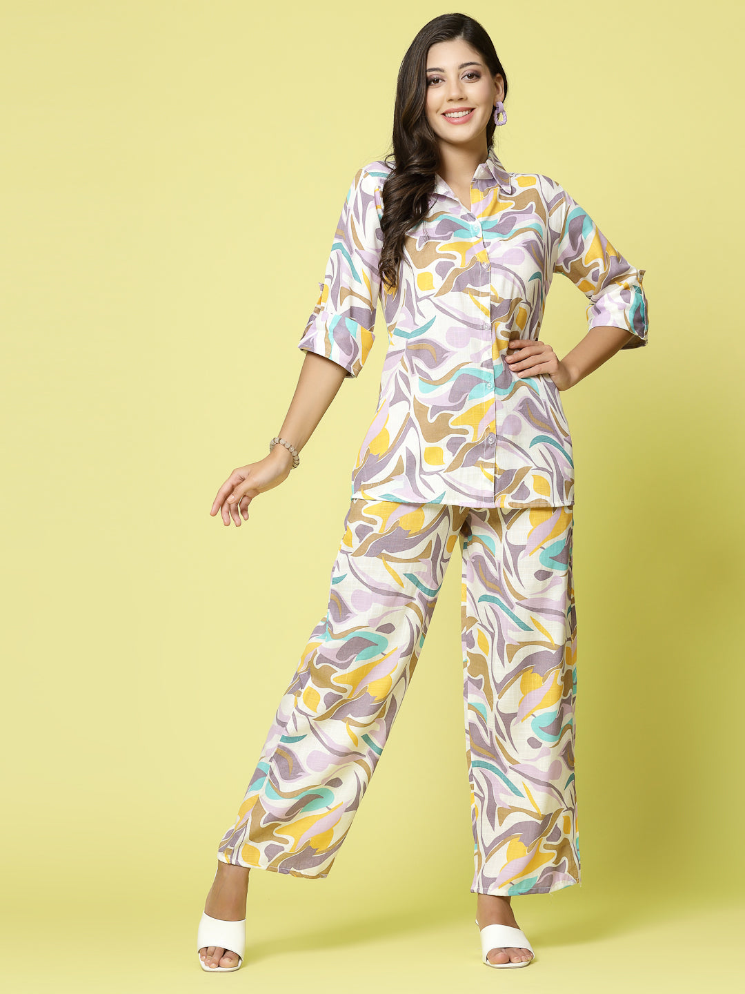 Women Abstract Printed Shirt with Palazzo Co-ords Set