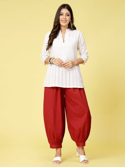 Maroon Solid Cotton Afghani Salwar with Elasticated Waistband and Drawstring.