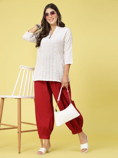 Maroon Solid Cotton Afghani Salwar with elasticated waistband.
