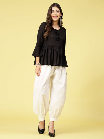 Off-White Solid Cotton Afghani Salwar with elasticated waistband and drawstring.