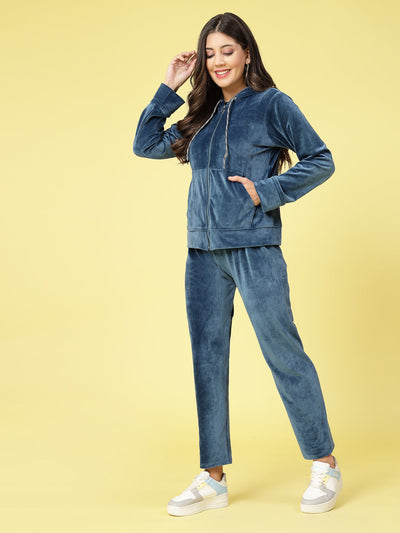 Women solid hooded velvet co-ord set with long sleeves and elasticated waistband.