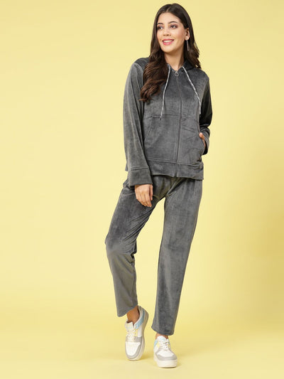 Women solid hooded velvet co-ord set with zip closure and elasticated waistband.