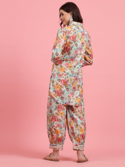 Women printed cotton co-ords with embroidered tunic and Afghani trousers.
