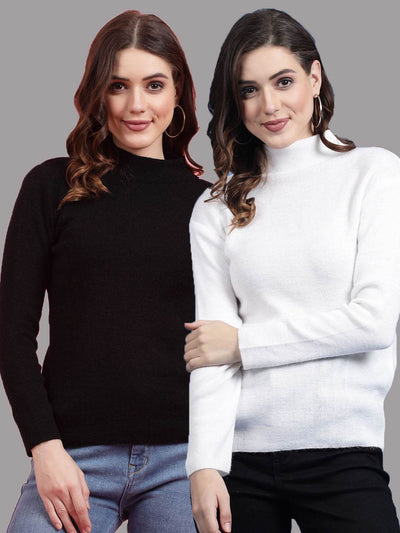 Solid Highneck Full Sleeve Woolen Casual Tops in Black and White (Pack of 2)