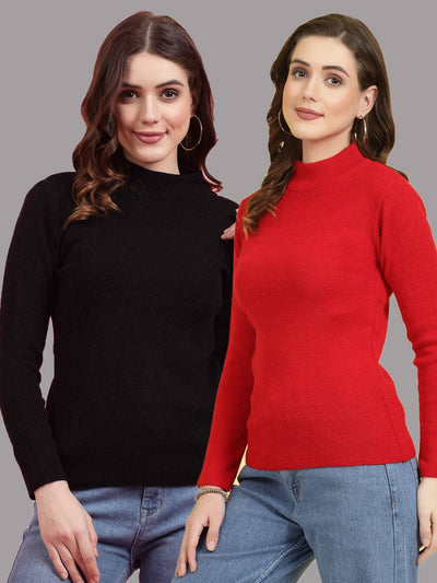 Solid highneck full sleeve woolen casual tops pack, black and red, shown on models.