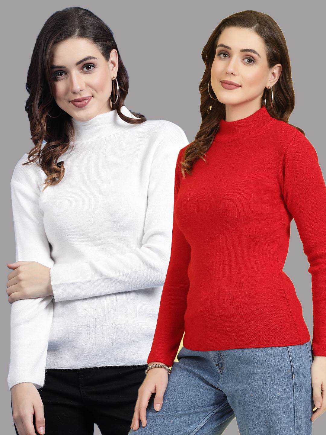 Solid highneck full sleeve woolen casual tops in white and red, pack of 2.