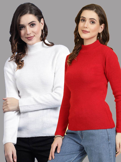 Solid highneck full sleeve woolen casual tops in white and red, pack of 2.