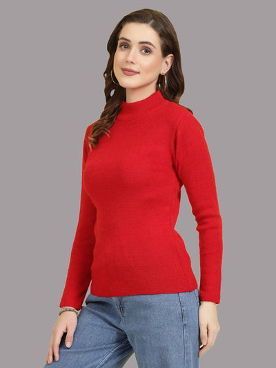Solid highneck full sleeve woolen casual top in red.