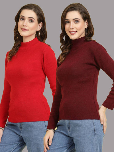 Solid Highneck Full Sleeve Woolen Casual Top (Pack of 2)