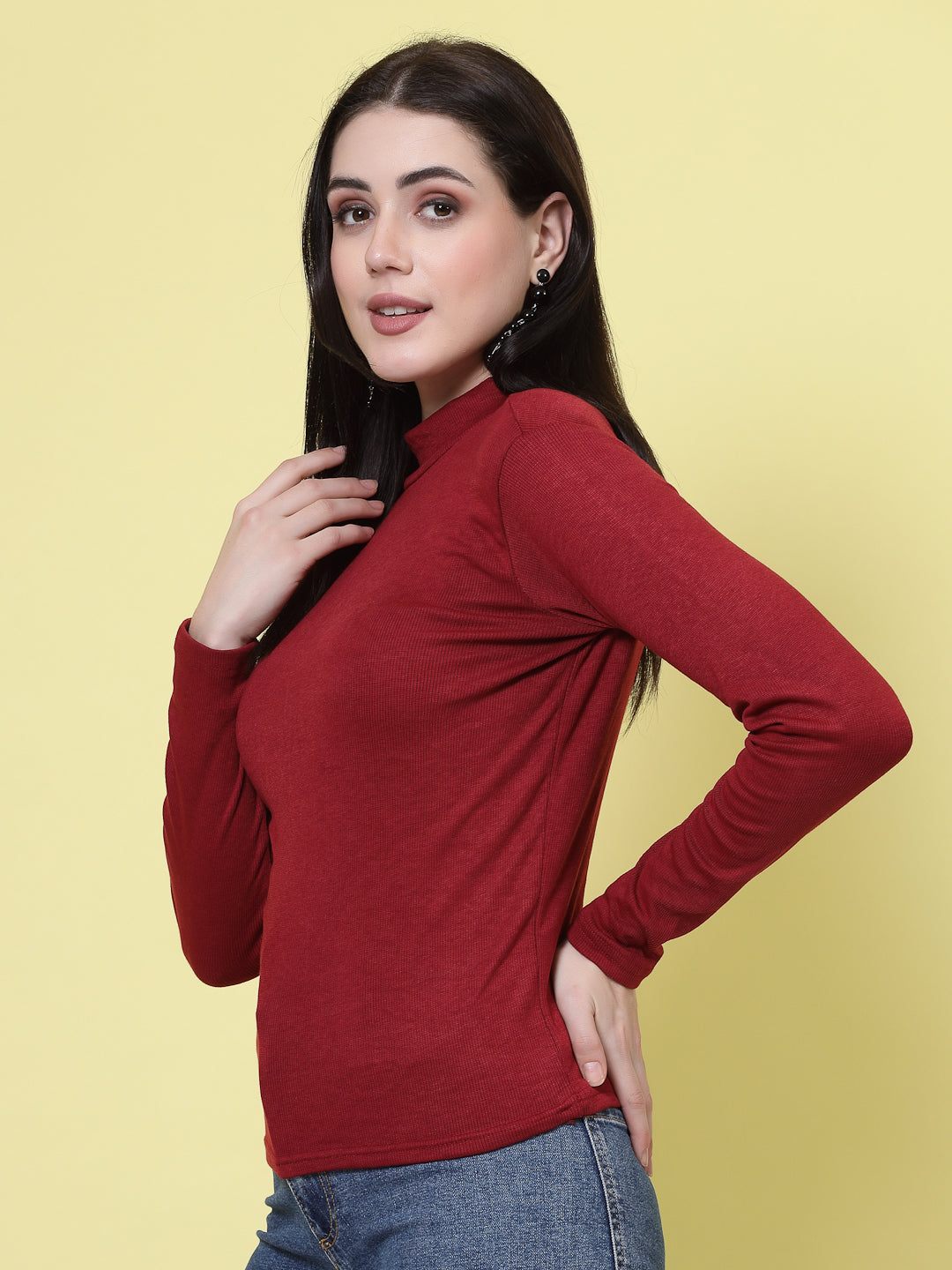 Women Maroon Solid High Neck Regular Top