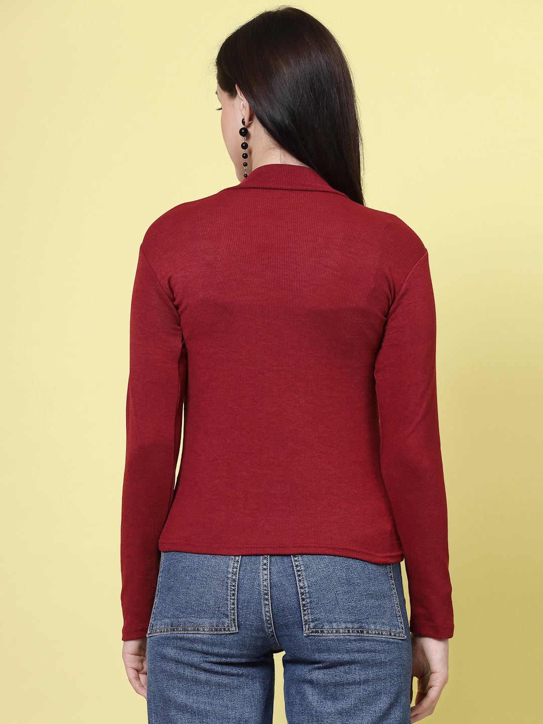 Maroon solid high neck regular top with full sleeves, casual wear.