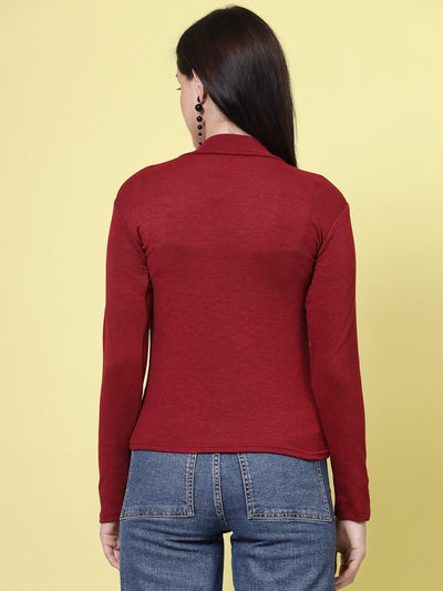 Maroon solid high neck regular top with full sleeves, casual wear.