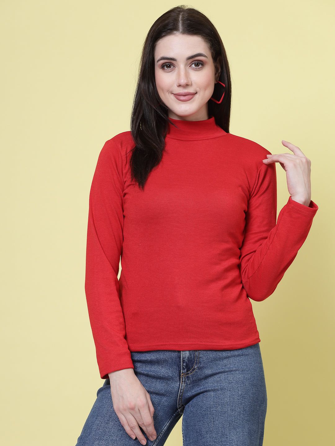 Women Red Solid High Neck Regular Top