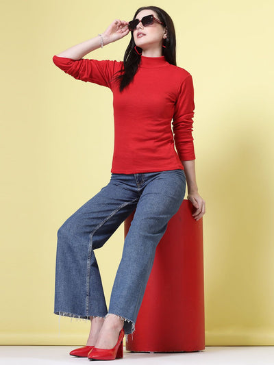 Red solid high neck regular top with full sleeves, casual wear.